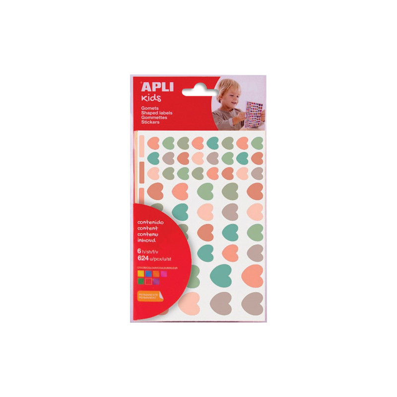 APLI KIDS Pochette de 6 feuilles (624 u) de gommettes enlevables forme cur, couleurs nordik assorties