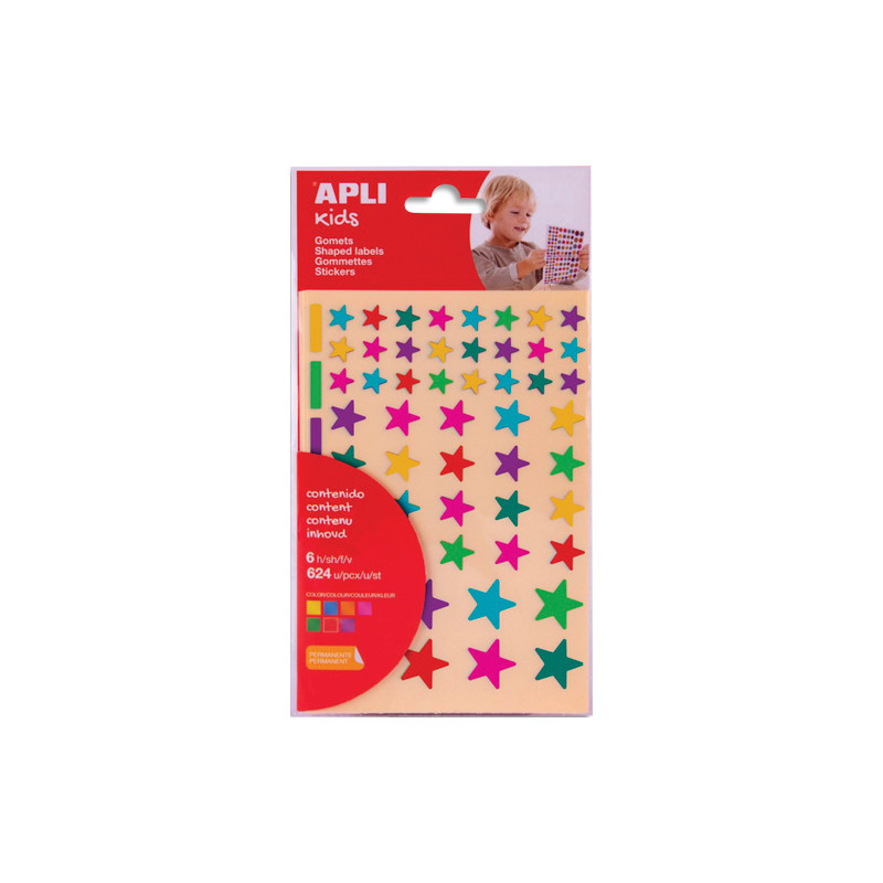 APLI KIDS Pochette de 6 feuilles (624 u) de gommettes enlevables étoiles couleurs peps