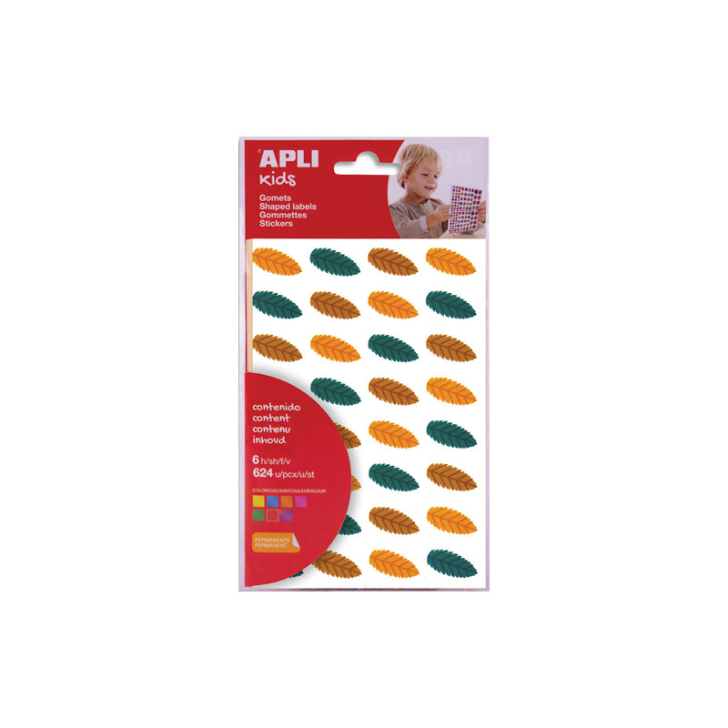 APLI KIDS Pochette de 6 feuilles (384 u) de gommettes enlevables feuilles d'arbres