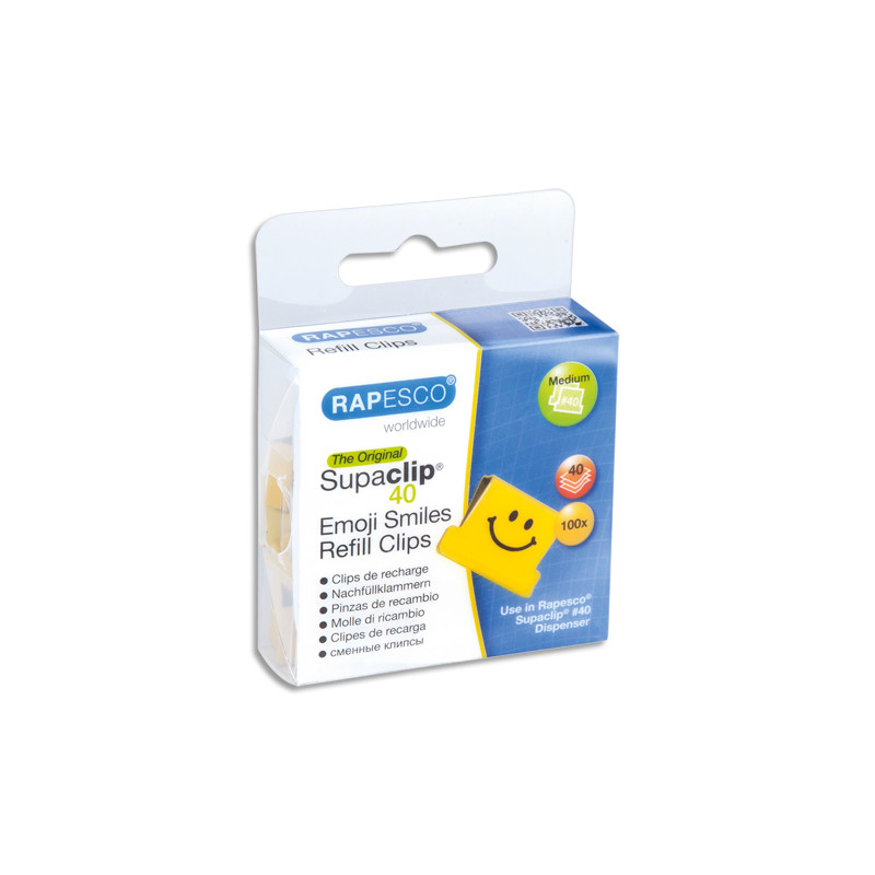 RAPESCO Boîte de 100 recharge Clips Emojis souriants Jaune Supaclip en métal, capacité 40 feuilles 80g