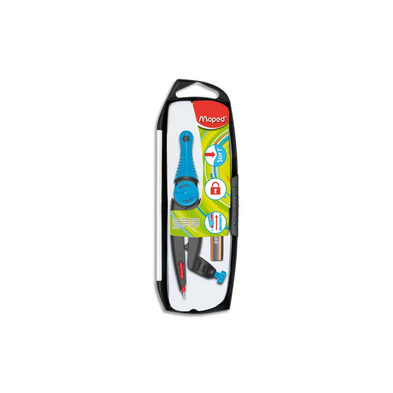 MAPED Compas Stop and Safe à bague + 1 crayon mini Black'Peps assortis Bleu, Orange ou Rose