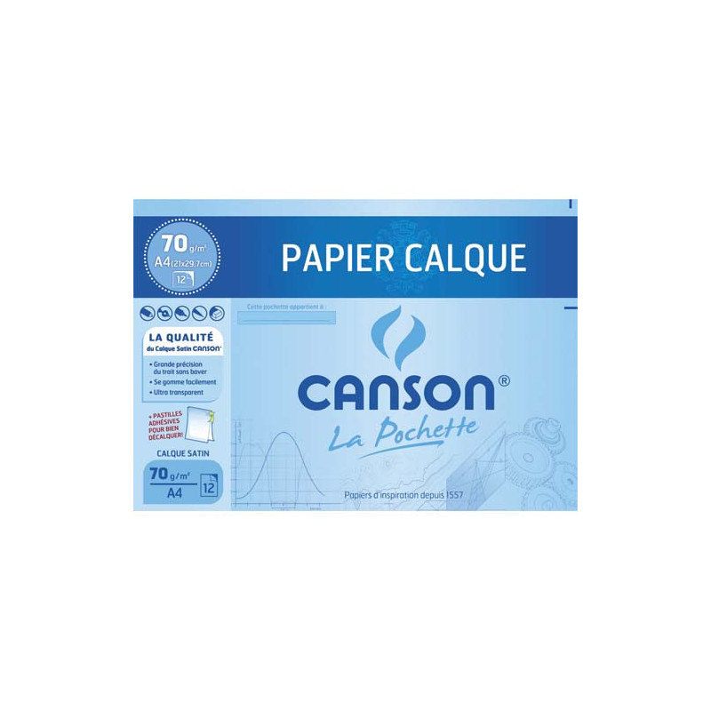 CANSON Pochette de 12 feuilles papier calque satin 70g format A4 livrée avec pastilles repositionnables.