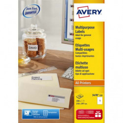 AVERY Boîte de 100 étiquettes Blanches multi-usages 210x297mm - pour Laser. Jet d'encre et copieur