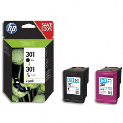 HP 301 Pack de 2 Cartouches d'Encre Noire et Trois Couleurs Authentiques (N9J72AE)