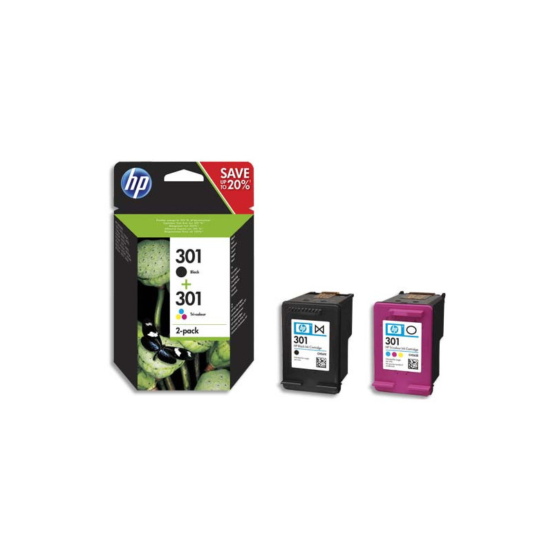 HP 301 Pack de 2 Cartouches d'Encre Noire et Trois Couleurs Authentiques (N9J72AE)