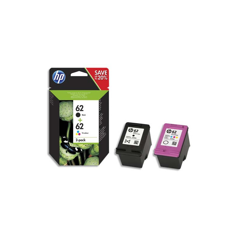 HP 62 Pack de 2 Cartouches d'Encre Noire et Trois Couleurs Authentiques (N9J71AE)