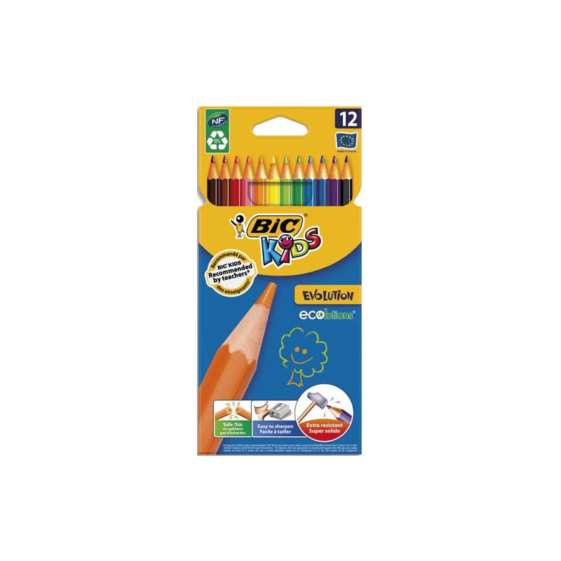 BIC Kids Evolution ECOlutions Crayons de Couleur - Coloris Assortis, Etui Carton de 12