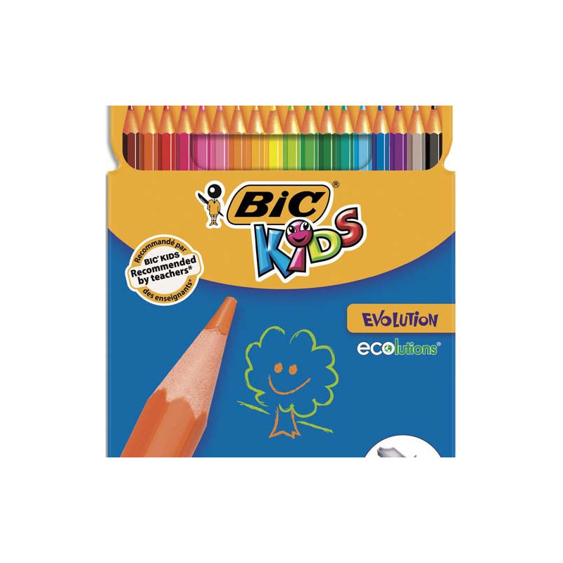 BIC Kids Evolution ECOlutions Crayons de Couleur - Coloris Assortis, Etui Carton de 18
