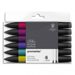 WINSOR & NEWTON Set 6 marqueurs double pointe PROMARKER. A base d'alcool. Tons riches assortis