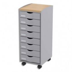 PAPERFLOW Desserte 8 tiroirs Grise plateau hêtre, 4 roulettes pivotantes - Dim L28,8 x H74,5 x P35 cm
