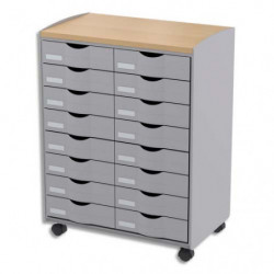 PAPERFLOW Desserte 16 tiroirs Grise plateau hêtre, 4 roulettes pivotantes - Dim L55,2 x H74,5 x P35 cm