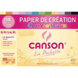 CANSON Pochette 12 feuilles papier couleur CREATION 150g 21x29,7cm. Assortiment de couleurs vives