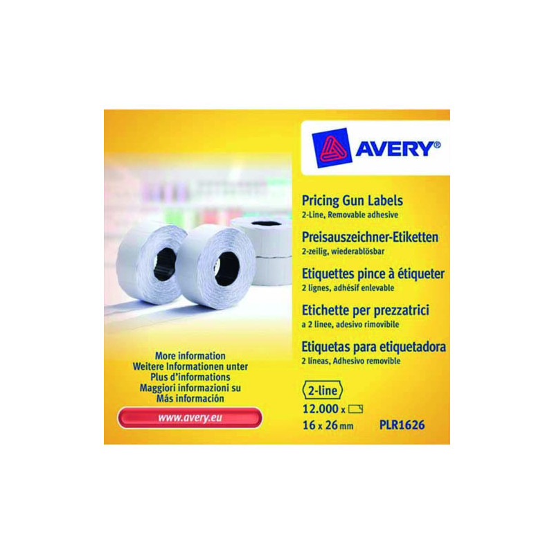 AVERY Boîte 10 rouleaux de 1200 étiquettes 2 lignes (10+ 8 caractères) Blanches adhésif amovible PLR1626
