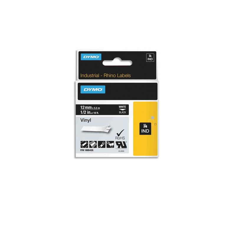 DYMO Ruban Rhino 12 mm vinyl Blanc sur Noir 1805435