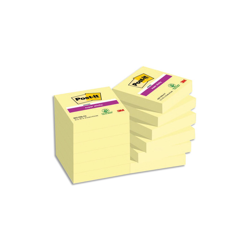 POST-IT Lot de 12 blocs repositionnables Super Sticky 90 feuilles Jaune 4,76 X 4,76 mm