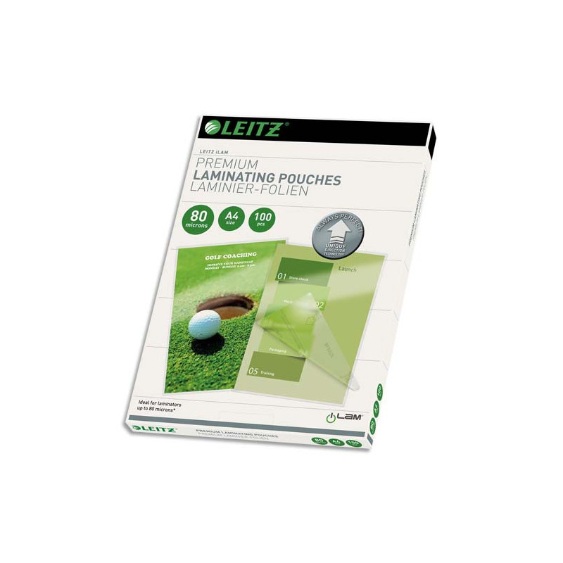LEITZ Pochettes de plastification, 80 microns par face, format A4, boîte de 100, brillant, 74780000