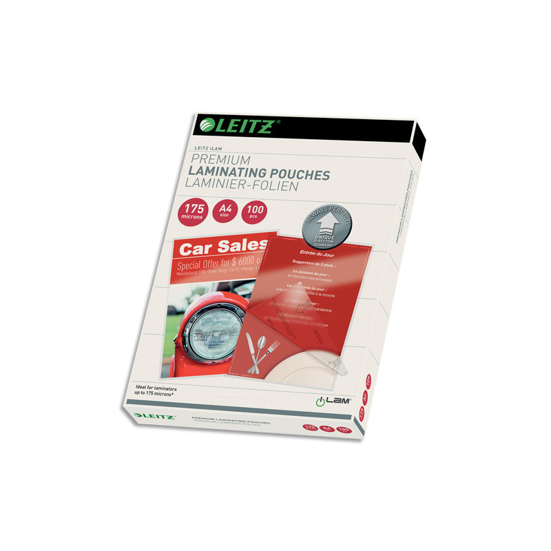 LEITZ Pochettes de plastification, 175 microns par face, format A4, boîte de 100, brillant, 74830000