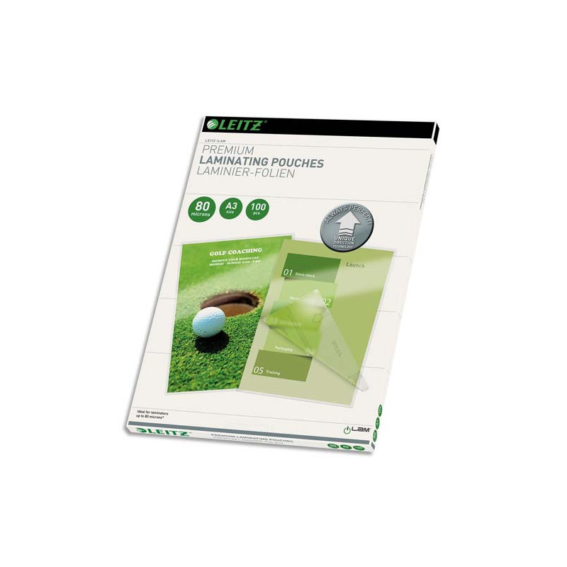 LEITZ Pochettes de plastification, 80 microns par face, format A3, boîte de 100, brillant, 74850000