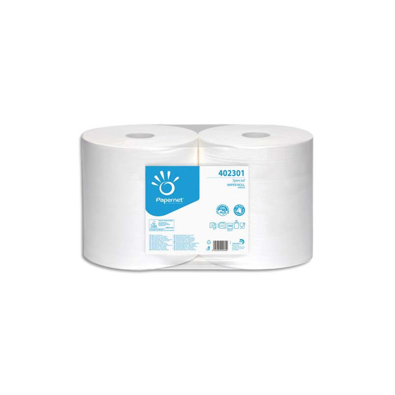 PAPERNET Paquet de 2 Bobines d'essuyage industrielle 2 plis pure cellulose, 1000 formats L305m Blanc