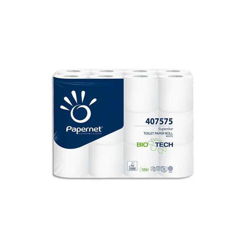 PAPERNET Paquet de 24 rouleaux de Papier toilette Bio Tech 2 plis pure cellulose 180 fts L19,80m Blanc