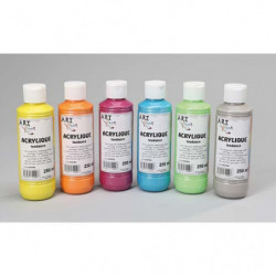 ART PLUS Lot de 6 flacons 250ml d'acrylique. Assortis : Jaune, Orange, Rouge, Bleu, Vert, Gris