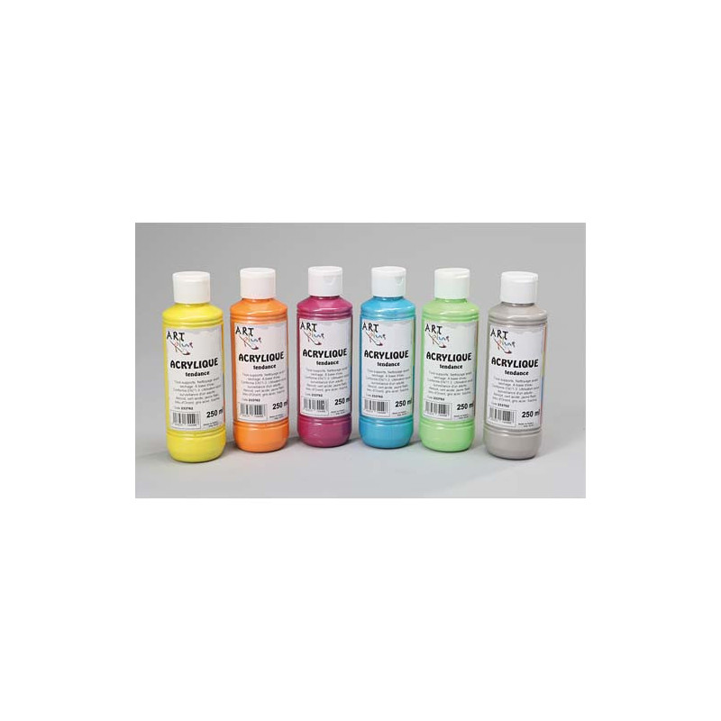 ART PLUS Lot de 6 flacons 250ml d'acrylique. Assortis : Jaune, Orange, Rouge, Bleu, Vert, Gris