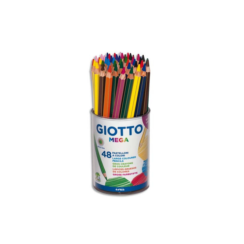GIOTTO Pot de 48 crayons de couleurs Méga, mine 5,5mm, 12 couleurs assorties