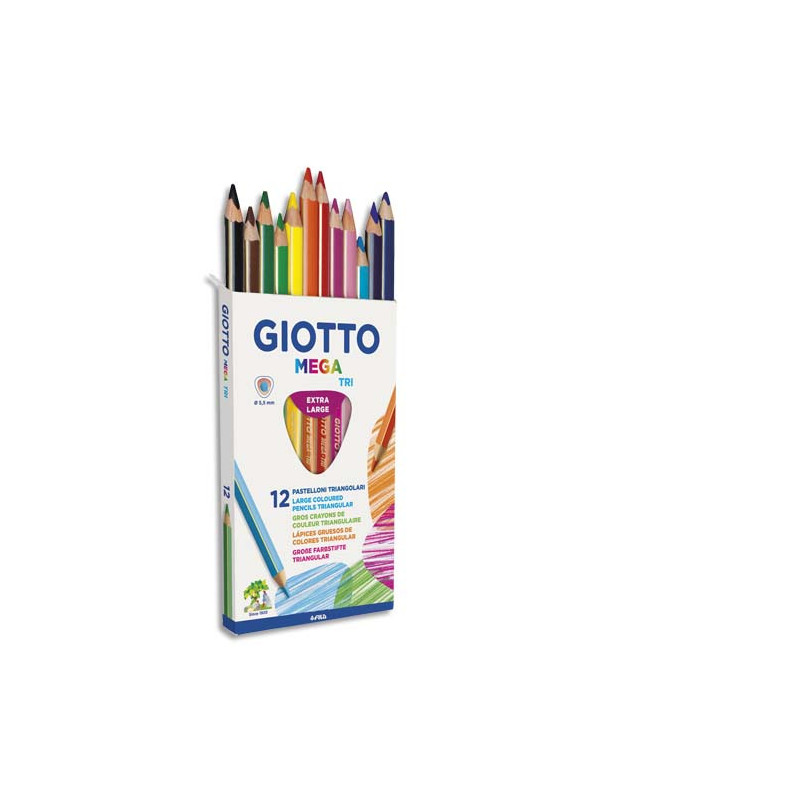 GIOTTO Etui 12 crayons de couleur Méga. Corps triangulaire, mine 5,5mm. Coloris assortis