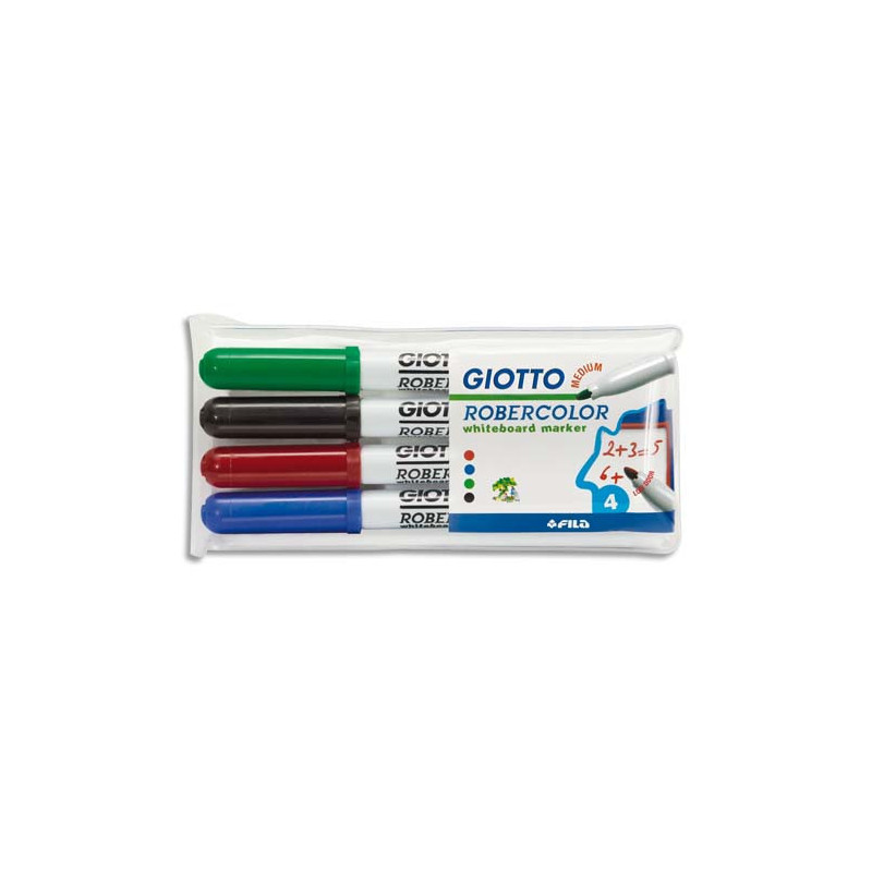 GIOTTO Pochette de 4 feutres effaçable à sec pointe ogive moyenne 4mm Bleu, Noir, Rouge, Vert