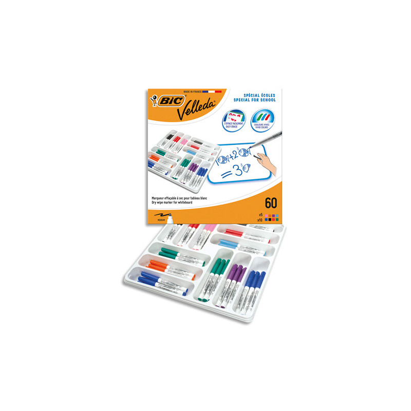 BIC Velleda Feutres 1741 pour Tableau Effaçables Pointe Moyenne - Couleurs Assorties, Classpack x60