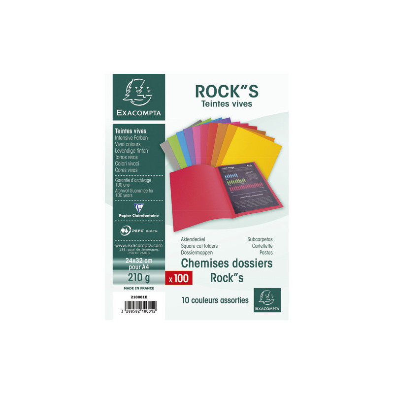 EXACOMPTA Paquet de 100 chemises ROCK'S en carte 210 grammes coloris assortis