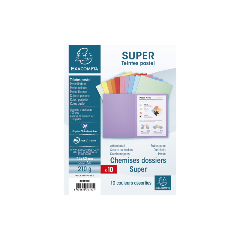 EXACOMPTA Paquet de 10 chemises SUPER 250 en carte 210 grammes coloris assortis