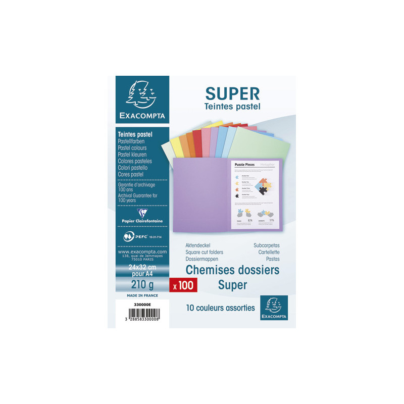 EXACOMPTA Paquet de 100 chemises SUPER 250 en carte 210 grammes coloris assortis