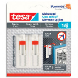 TESA Boîte de 2 Clous adhésifs ajustables pour papier peint et plâtre, charge 1 kg, L1,3 x H14 x P1,4 cm