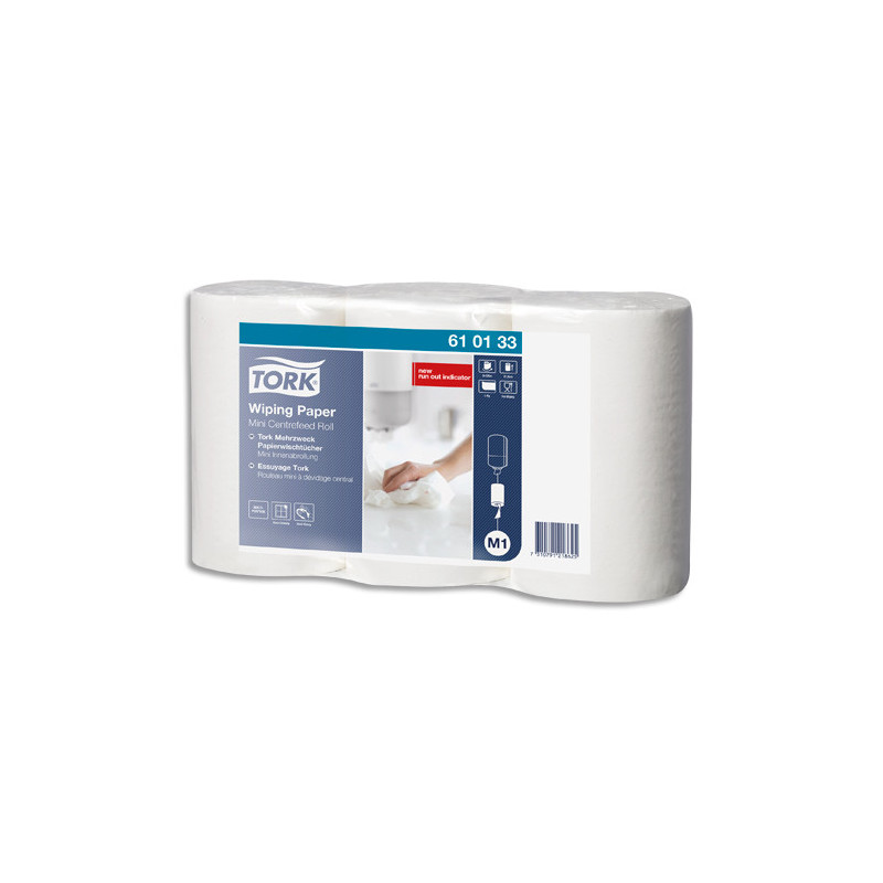TORK Lot de 3 Mini bobines papier d'essuyage plus à dévidage central M1 120 mètres, non prédécoupé Blanc