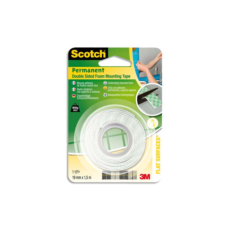 SCOTCH Ruban de fixation. Mousse adhésive 19mm x 1,5 m pour usage intérieur, toutes surfaces.