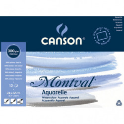 CANSON Bloc 12 feuilles papier aquarelle MONTVAL, collées 4 côtés, 24x32, 300G, grain fin Blanc naturel