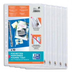OXFORD Sachet de 10 pochettes perforées à Zip en PVC transparent 14/100e. Format A4,perforation 11 trous.