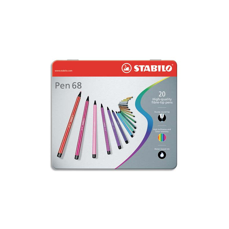 STABILO Pen 68 feutre de dessin pointe moyenne - Boîte métal de 20 feutres - Coloris assortis