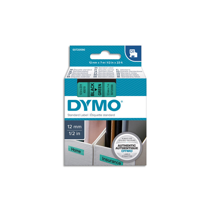 DYMO Ruban D1 Noir/vert 12MMX7M pour 1000/1000+/2000/3500/4500/5000/5520