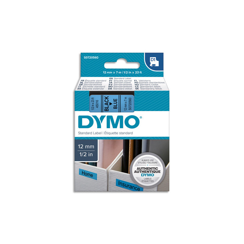DYMO Ruban D1 Noir/Bleu 12MMX7M pour 1000/1000+/2000/3500/4500/5000/5517 S0720560