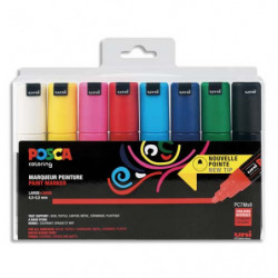 UNI POSCA Pochette 8 marqueurs peinture à eau, pointe large conique PC7M. Assortis