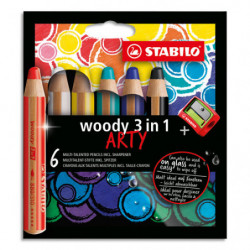 STABILO woody 3in1 ARTY crayon de couleur - Etui carton de 6 crayons + taille-crayon - Coloris assortis