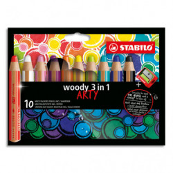 STABILO woody 3in1 ARTY crayon de couleur - Etui carton de 10 crayons + taille-crayon - Coloris assortis
