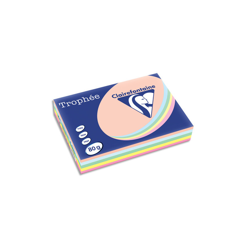 CLAIREFONTAINE Ramette 5x100F papier couleur Trophée 80g A4 assortis pastel Rose,canari,vert,Bleu,Saumon