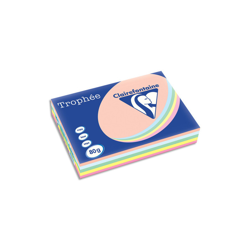 CLAIREFONTAINE Ramette 5x100F papier couleur Trophée 80g A3 assortis pastel Rose,canari,vert,Bleu,Saumon