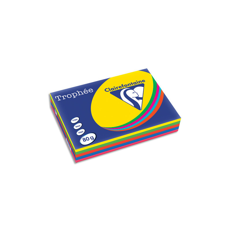 CLAIREFONTAINE Ramette 5x100F papier Trophée 80g A4 assortis intense soleil,menthe,cardinal,BleuT,Fuchsia