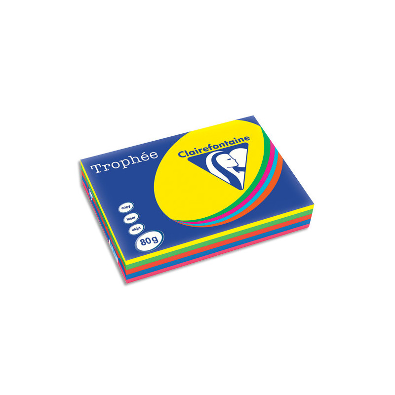 CLAIREFONTAINE Ramette 5x100F papier Trophée 80g A3 assortis intense soleil,menthe,cardinal,BleuT,Fuchsia
