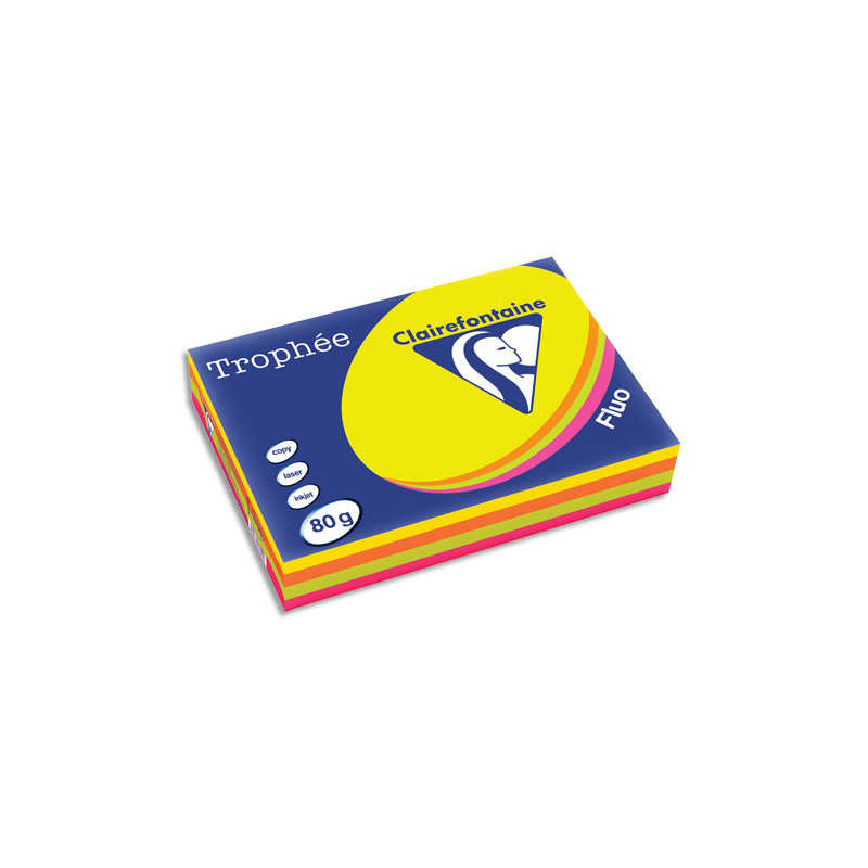 CLAIREFONTAINE Ramette 4x125F papier couleur Trophée 80g A4 assortis fluo Rose,Jaune,vert,Orange