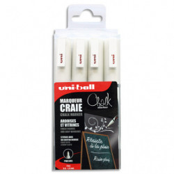 UNI-BALL Set de 4 marqueurs craie UNI CHALK MARKER. Pointe finie. Coloris : Blanc